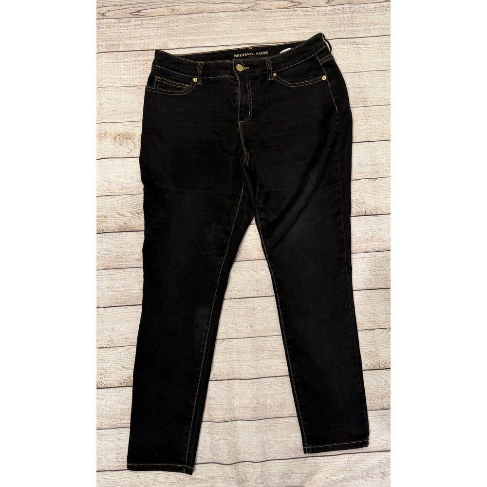 Michael Kors Women's Skinny Jeans Dark Wash Denim Gold MK Pocket Logo Size 10